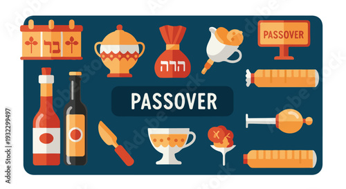 Flat illustration of symbolic Passover items, arranged on blue background