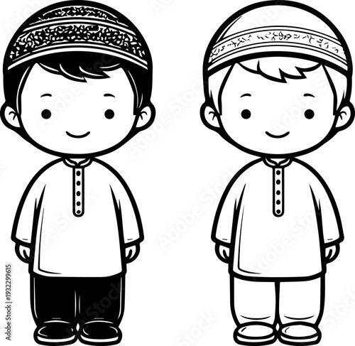 Smiling boy wearing traditional Muslim clothing and kufi cap