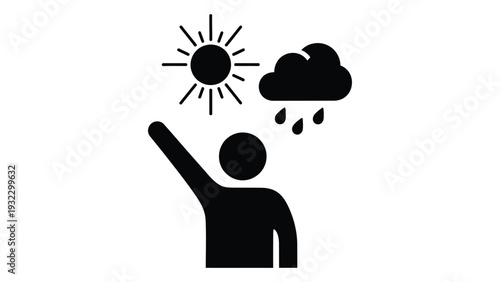 A person looking up at sun and rain cloud isolated on white background, Vector