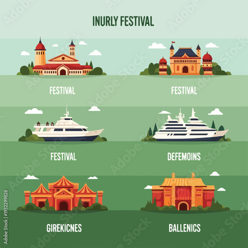 Flat vector illustration showcasing buildings and boats in a festival theme