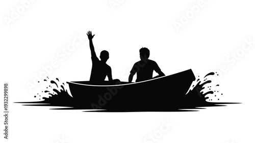 Two people in a boat on the water isolated on white background, Vector