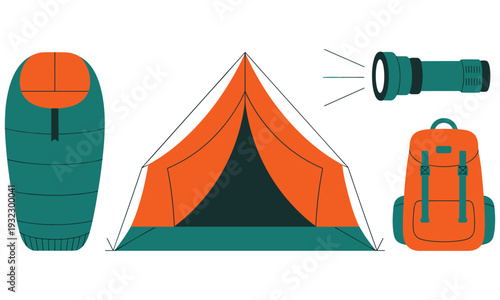 Camping gear illustration featuring a tent, backpack, and flashlight in orange and green hues, perfect for outdoor enthusiasts and adventure seekers.