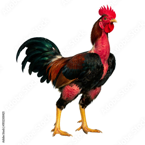 striking portrait of a naked neck rooster, showcasing its vibrant red comb and wattle against a stark transparent background, emphasizing its unique plumage and proud stance.