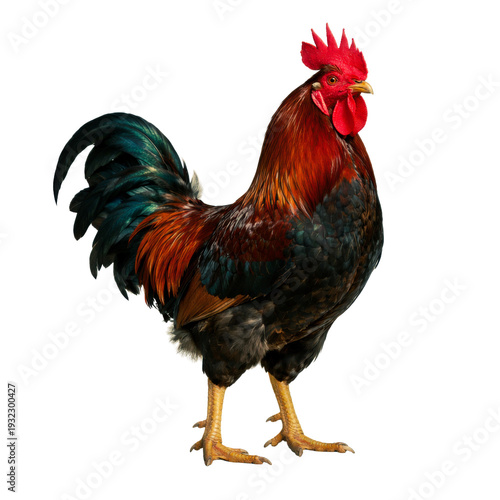 isolated vibrant rooster with colorful plumage on transparent background, studio photograph, full body view, domestic fowl, png.