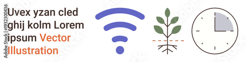 Connectivity, networking solutions, sustainable growth, environmental care, time management, digital transformation. wireless icon, sapling with visible roots and a clock showing time. Connectivity