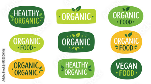 Collection of Healthy Organic and Vegan Food Labels Set on White