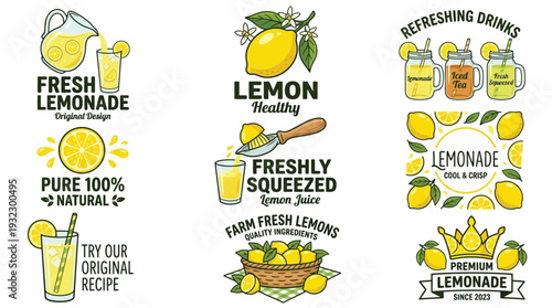 Fresh Lemonade and Lemon Drinks Collection Natural Healthy Beverage Icons