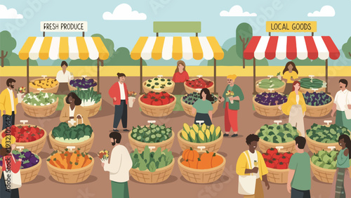Illustration of a farmer's market with various fruits, vegetables, and customers