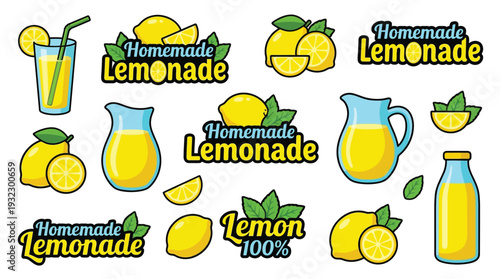 Homemade lemonade drinks and fresh lemon fruit illustrations with labels on white