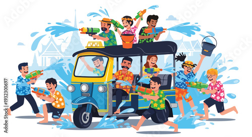 Illustration of a festival with people playfully spraying water from water guns