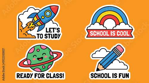 Colorful cartoon school stickers for kids featuring rocket rainbow planet and pencil