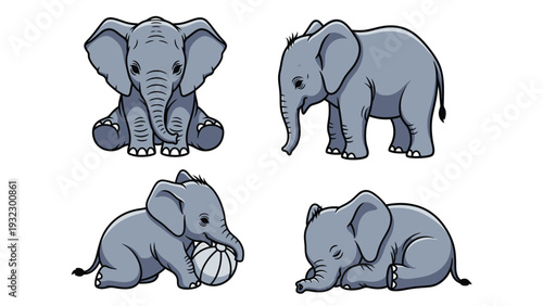 Adorable cartoon baby elephant character vector set with different poses, cute animal illustrations
