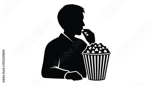 A man eating popcorn while sitting down isolated on white background, Vector