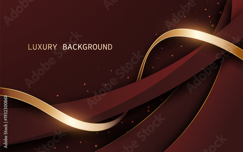 Luxury abstract background on red backdrop enhanced with flowing ribbon-like curves in deep crimson and metallic gold. Vector Illustration