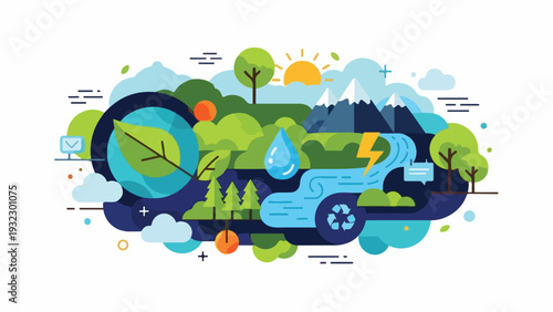 Illustration of environment-themed landscape featuring nature and ecological elements