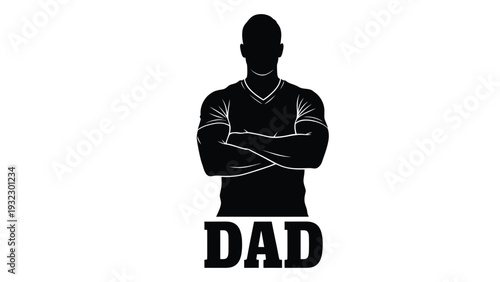 A black silhouette of a man with his arms crossed and the word dad below isolated on white background, Vector