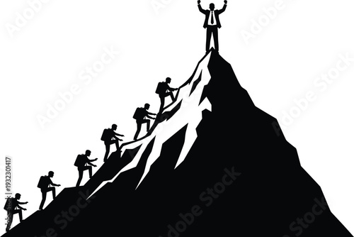 Business professionals silhouette climbing mountain, teamwork and career success theme, flat vector illustration for leadership and corporate design concepts