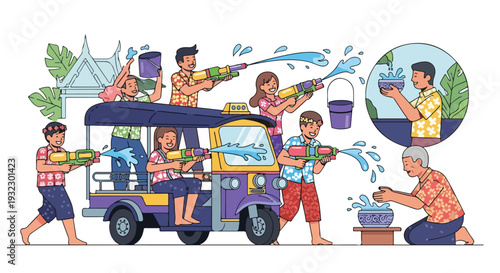 Illustration of people celebrating with water guns and traditional elements