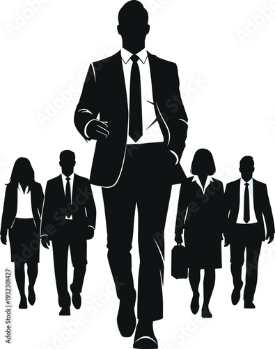 Business professionals silhouette group walking forward, leadership and teamwork theme, flat vector illustration for corporate and management concepts