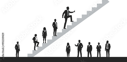 Business professionals silhouette climbing staircase, career advancement and corporate growth theme, flat vector illustration for management and design concepts