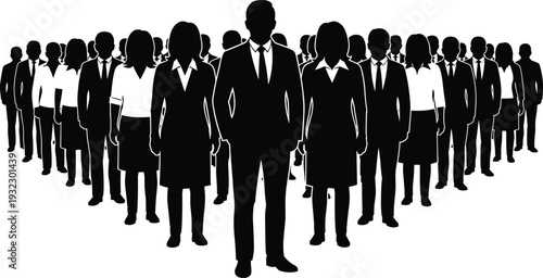 Business professionals silhouette group with highlighted leader, individuality and corporate diversity theme, flat vector illustration for management concepts