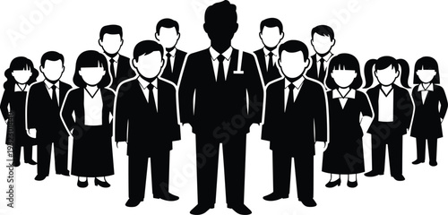 Business professionals silhouette group with central leader, teamwork and corporate hierarchy theme, flat vector illustration for management concepts