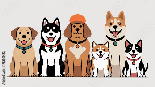Six happy dogs and a cat sitting together in a row on a plain background