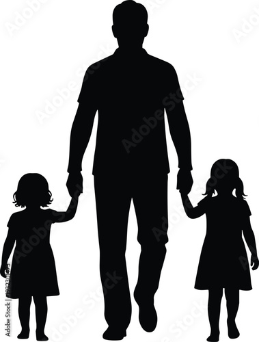 Family silhouette with parent and children walking together, guardianship and care theme, flat vector illustration for lifestyle and design concepts
