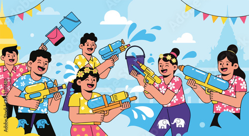 Illustration of people enjoying water fight using squirt guns