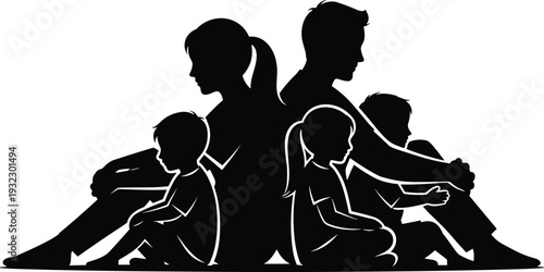 Family silhouette with parents and children seated together, unity and support theme, flat vector illustration for lifestyle and design concepts