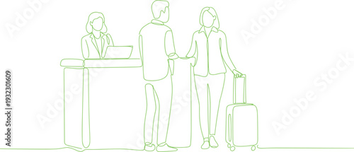 Hotel reception desk scene with guests, suitcase, staff, continuous line flat vector