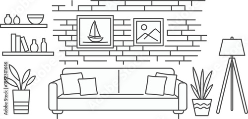 Modern living room interior with sofa, plants, shelves, lamp line flat vector