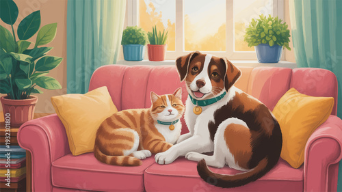 Friendly dog and cat sitting together on pink couch by window with plants