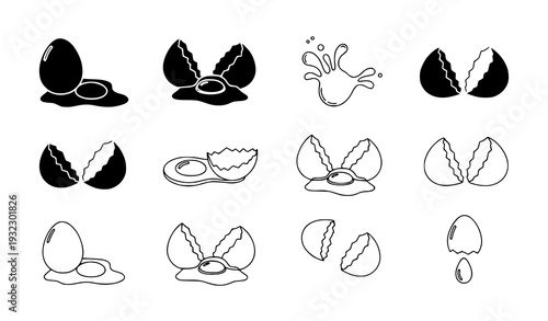 Cracked Egg Black Silhouette and Outline Icons – Broken Egg Vector Set