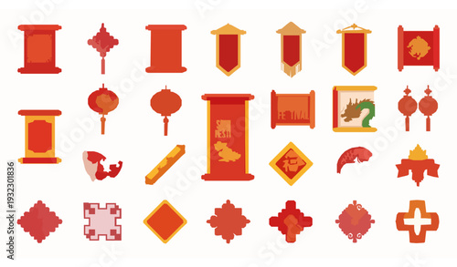 Chinese Festive Scroll Cartoon Icons – Red Scrolls and Blessing Vector Collection