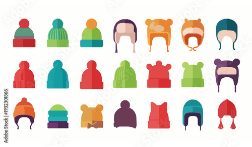 Modern Kids Winter Hat Icons – Colorful Beanie Collection Vector Pack