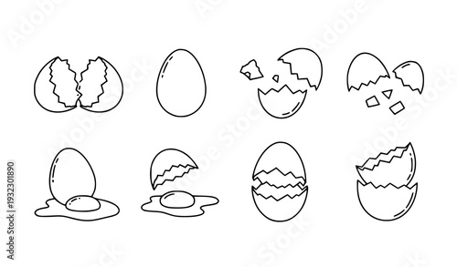 Eggshell Outline Icon Set – Cracked Egg Halves and Fragments Vector Collection