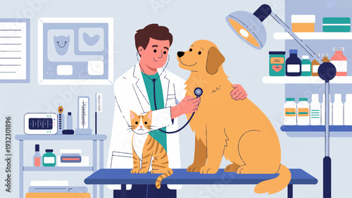 Veterinarian examines dog and cat on blue table in clinic with medical equipment and shelves