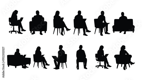 A collection of black silhouettes of people sitting in various chairs isolated on white background, Vector
