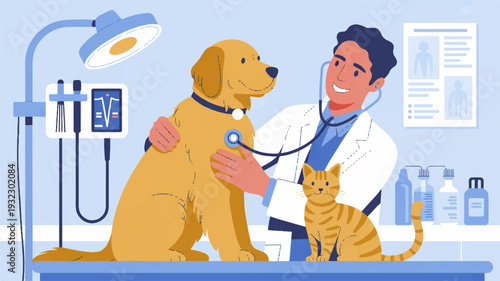 Veterinarian examines dog and cat in clinic with stethoscope and medical equipment