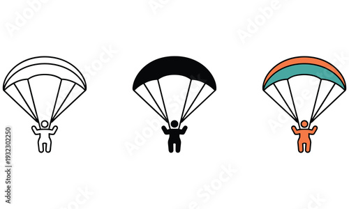 Parachuters depicted in various styles from outline to solid colors symbolizing adventure and thrill seeking activities in a minimalistic design approach.