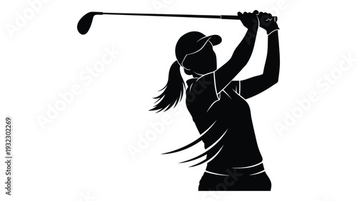 A woman swinging a golf club with both hands isolated on white background, Vector