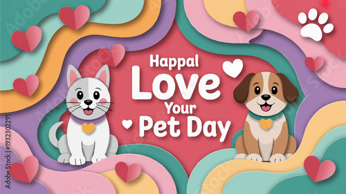Happy love your pet day cartoon cat and dog on colorful background with hearts