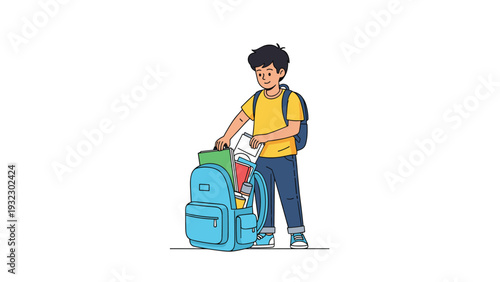 Diligent schoolboy carefully packing his blue backpack with books and supplies for his education in a clean and simple vector illustration.