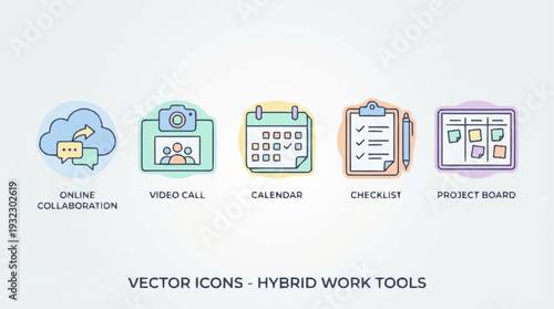 Hybrid work tools vector icons for online collaboration and project management.