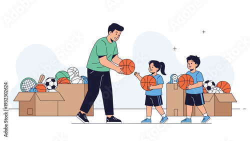 Caring father showing his young son and daughter how to play basketball with boxes of sports equipment in a bright and active environment.