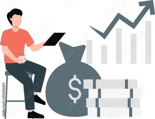 The boy is  checking income growth arrow.