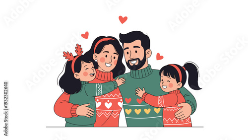 Joyful family with a father, mother, and two daughters wearing festive sweaters and embracing in a warm group hug filled with love and hearts.