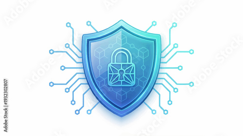 Digital shield with lock icon representing cybersecurity and data protection.