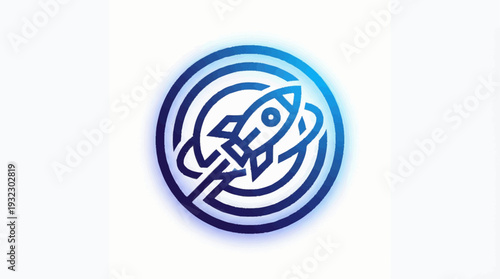 Blue neon rocket ship logo emblem on white background.